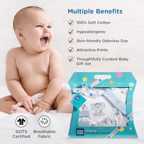Mee Mee New Born Baby Gift Set | Soft Cotton Clothing Essentials for Infants/Baby Girls, Boys | Baby Shower Clothing Hamper (4 Pieces, Blue)| Ideal Gift for New Born Baby - Image 5