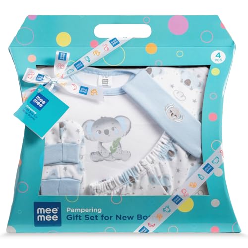Mee Mee New Born Baby Gift Set | Soft Cotton Clothing Essentials for Infants/Baby Girls, Boys | Baby Shower Clothing Hamper (4 Pieces, Blue)| Ideal Gift for New Born Baby - Image 1