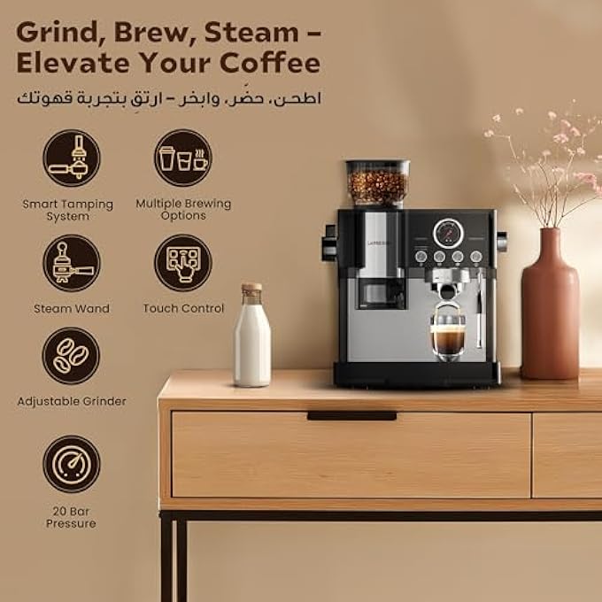 LePRESSO SemiAutomatic Coffee Machine With Adjustable Grinder Espresso Machine With Smart Tamping System Industrial 58Mm Porta Filter 19Bar Pump Multiple Brewing Option Large Water Tank Capacity - Image 2