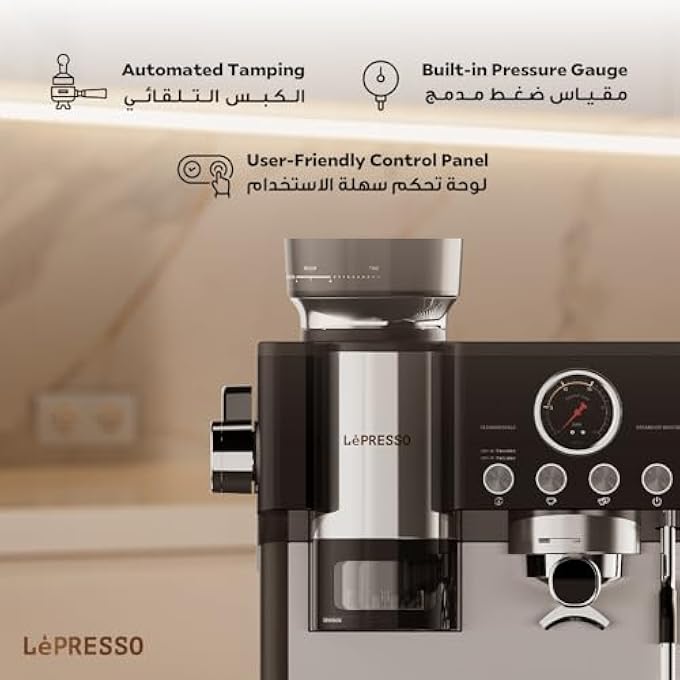 LePRESSO SemiAutomatic Coffee Machine With Adjustable Grinder Espresso Machine With Smart Tamping System Industrial 58Mm Porta Filter 19Bar Pump Multiple Brewing Option Large Water Tank Capacity - Image 5