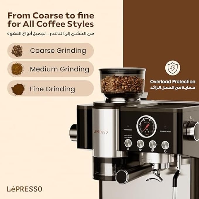 LePRESSO SemiAutomatic Coffee Machine With Adjustable Grinder Espresso Machine With Smart Tamping System Industrial 58Mm Porta Filter 19Bar Pump Multiple Brewing Option Large Water Tank Capacity - Image 3