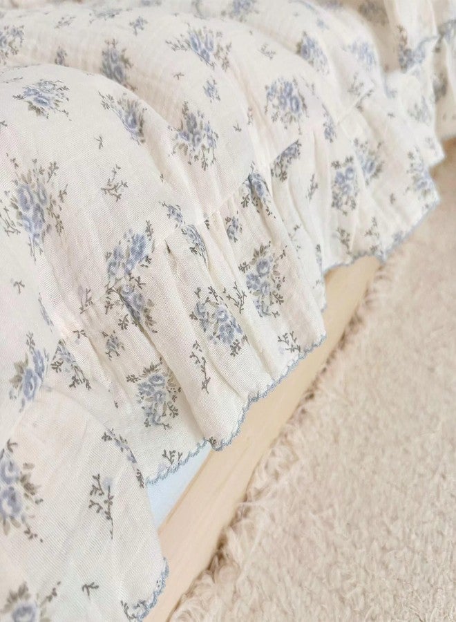 BuLuTu Cottage Chic Ruffled Duvet Cover Full, Blue Floral Quilt Cover 79"x90", 1 PC, Soft Muslin Cotton Comforter Cover Farmhouse Bedding Duvet Cover, No Comforter Insert/Pillowcase - Image 4