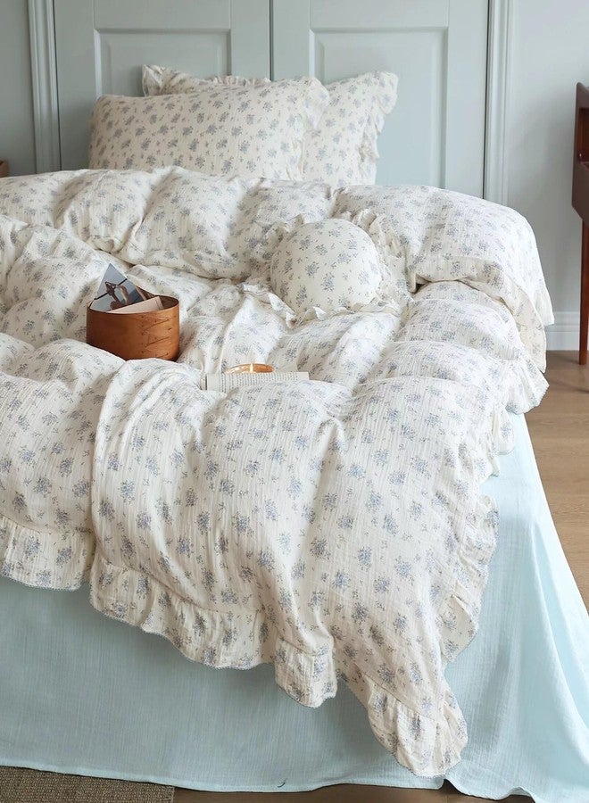 BuLuTu Cottage Chic Ruffled Duvet Cover Full, Blue Floral Quilt Cover 79"x90", 1 PC, Soft Muslin Cotton Comforter Cover Farmhouse Bedding Duvet Cover, No Comforter Insert/Pillowcase - Image 3