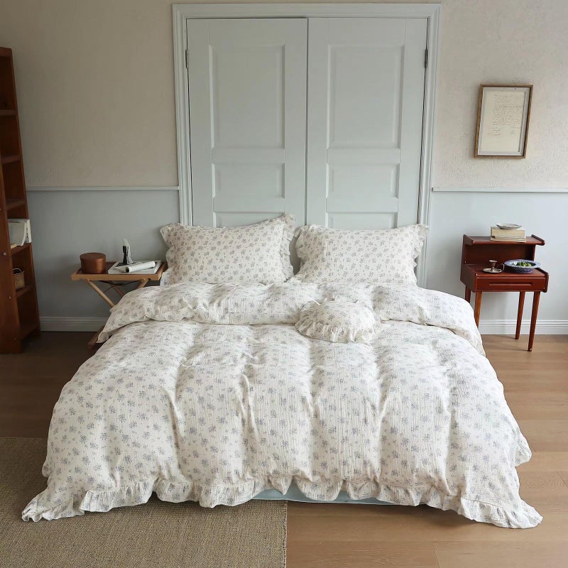 BuLuTu Cottage Chic Ruffled Duvet Cover Full, Blue Floral Quilt Cover 79"x90", 1 PC, Soft Muslin Cotton Comforter Cover Farmhouse Bedding Duvet Cover, No Comforter Insert/Pillowcase - Image 1