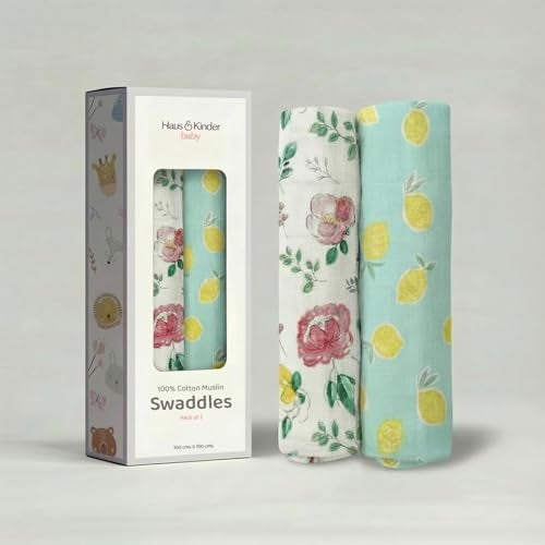 haus & kinder 100% Cotton Muslin Swaddle Wrap for New Born Baby | Pack of 2 (100×100 cm) | Baby Blanket & Swaddles for Newborn | Fruit & Ditsy Floral - Image 1