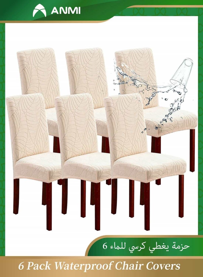 Anmi 100% Waterproof Dining Chair Covers Set of 6, Stretchable Slipcovers for Kitchen & Restaurant Chairs (Large, Leaves-Beige) - Image 1