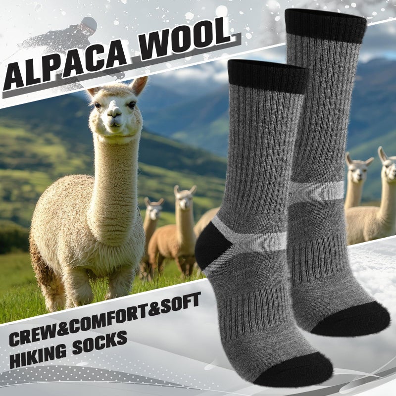 Cutecrop 2 Pairs Alpaca Wool Hiking Socks for Men Women Alpaca Wool Blend Thick Thermal Winter Crew Boot Socks(Dark Gray and Black,8-10) - Image 2