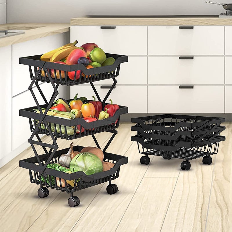 Glaceon 3 Tier Fruit Basket for Kitchen Foldable Mobile Fruit and Vegetable Storage Cart Wire Baskets with Lockable Wheels Potatoes Onions Produce Storage for Kitchen Pantry Black 3 Tier