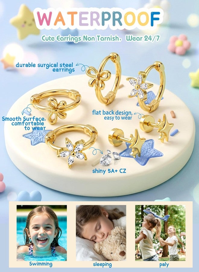 SAILIMUE Hypoallergenic Flat Back Earrings for Girls Women - Cute Toddler Kids Earrings Set Surgical Stainless Steel Earring for Sensitive Ears Small 14K Gold Plated Stud Hoop Earring Stacks - Image 3