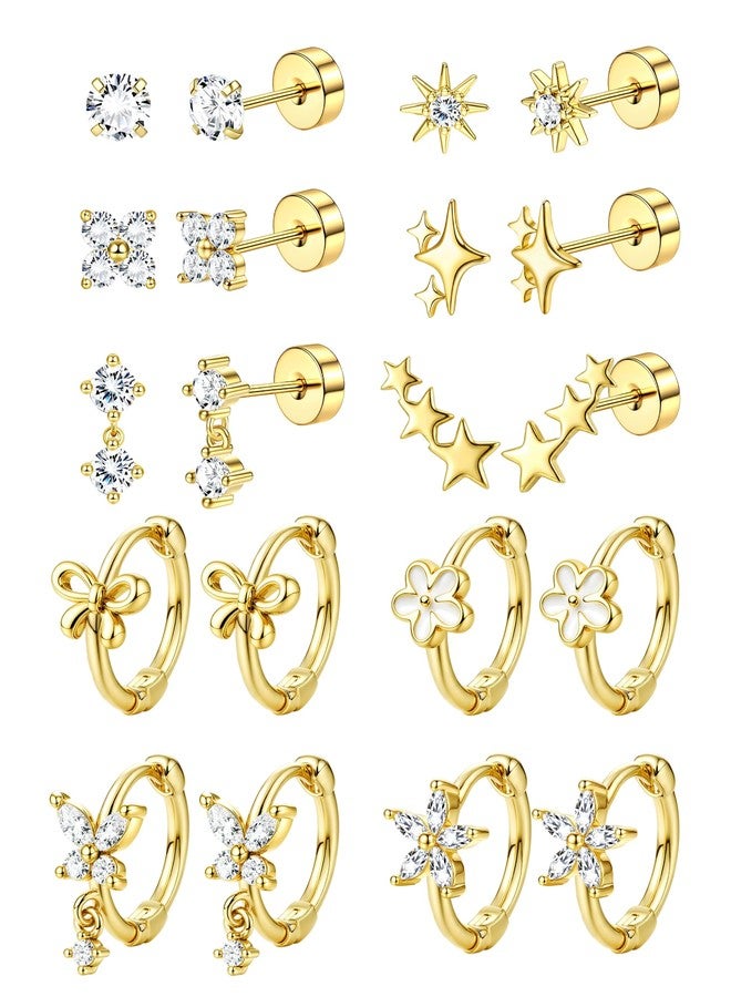 SAILIMUE Hypoallergenic Flat Back Earrings for Girls Women - Cute Toddler Kids Earrings Set Surgical Stainless Steel Earring for Sensitive Ears Small 14K Gold Plated Stud Hoop Earring Stacks - Image 1