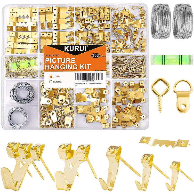KURUI 303Pcs Picture Hanging Kit, Picture Hangers Assorted Kit with Heavy Duty Picture Hanging Hooks/Hardware Nails/Sawtooth/Wire/D Rings/Level, Metal Picture Wall Hooks for Frame Canvas Mounting - Image 1