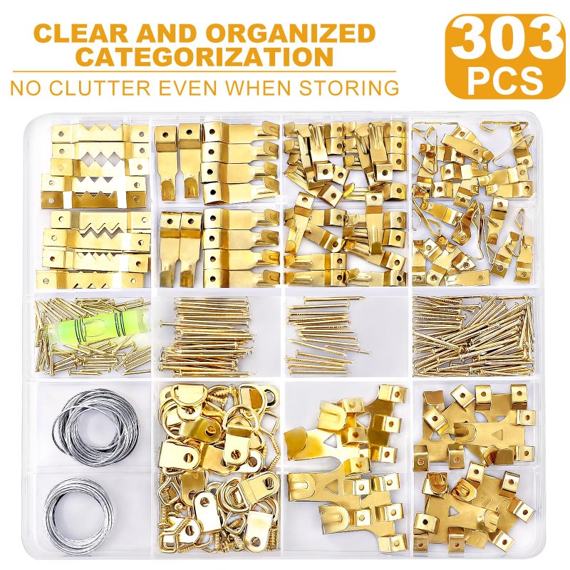 KURUI 303Pcs Picture Hanging Kit, Picture Hangers Assorted Kit with Heavy Duty Picture Hanging Hooks/Hardware Nails/Sawtooth/Wire/D Rings/Level, Metal Picture Wall Hooks for Frame Canvas Mounting - Image 2