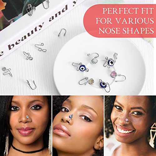 Jadive 24 Pcs Fake Nose Ring for Women Men African Nose Cuff Stainless Steel Non Piercing Evil Eye Faux Clip on Septum Ring Jewelry Gift for Birthday(Silver) - Image 3