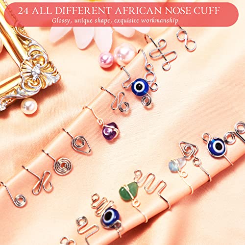 Jadive 24 Pcs Fake Nose Ring for Women Men African Nose Cuff Stainless Steel Non Piercing Evil Eye Faux Clip on Septum Ring Jewelry Gift for Birthday(Silver) - Image 4
