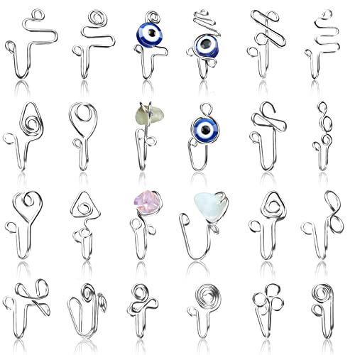 Jadive 24 Pcs Fake Nose Ring for Women Men African Nose Cuff Stainless Steel Non Piercing Evil Eye Faux Clip on Septum Ring Jewelry Gift for Birthday(Silver) - Image 1