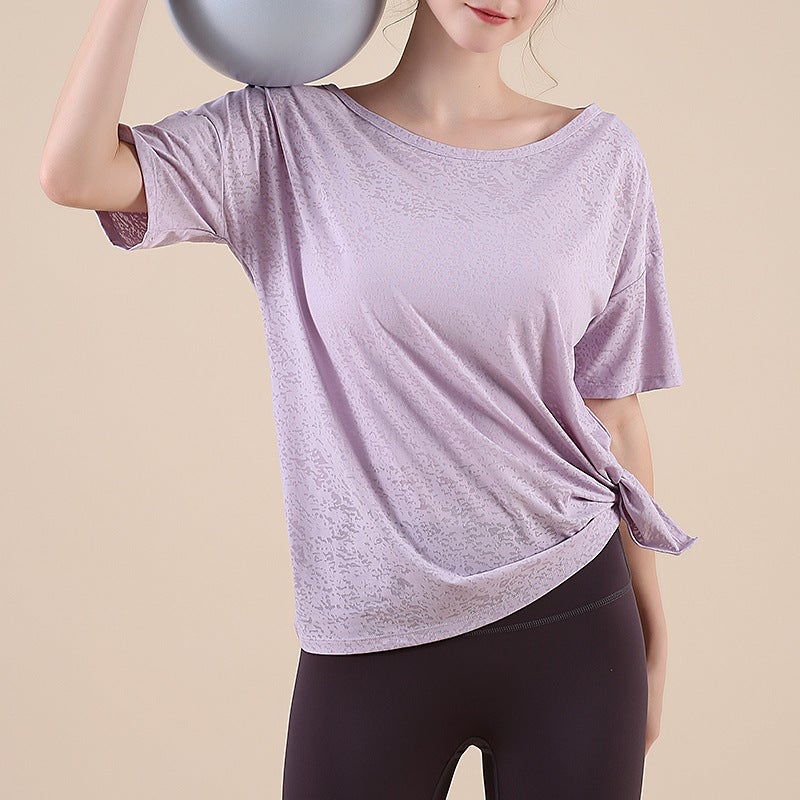 Generic Summer New Style Mesh Yoga Suit Quick-drying Breathable Loose Slimming Short-sleeved Sports Blouse Yoga Top Fitness Suit Light purple flower net 