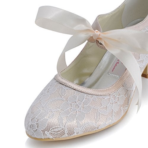 ELEGANTPARK A3039-2 Wedding Shoes for Bride Low Heel Mary Jane Shoes Women Comfortable Closed Toe Heels for Women Lace Evening Dress Bridal Pumps Champagne US 7 - Image 5