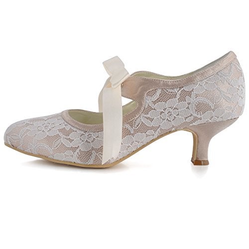 ELEGANTPARK A3039-2 Wedding Shoes for Bride Low Heel Mary Jane Shoes Women Comfortable Closed Toe Heels for Women Lace Evening Dress Bridal Pumps Champagne US 7 - Image 3