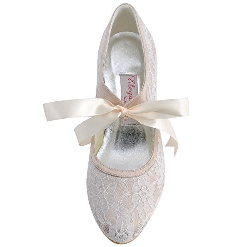 ELEGANTPARK A3039-2 Wedding Shoes for Bride Low Heel Mary Jane Shoes Women Comfortable Closed Toe Heels for Women Lace Evening Dress Bridal Pumps Champagne US 7 - Image 4
