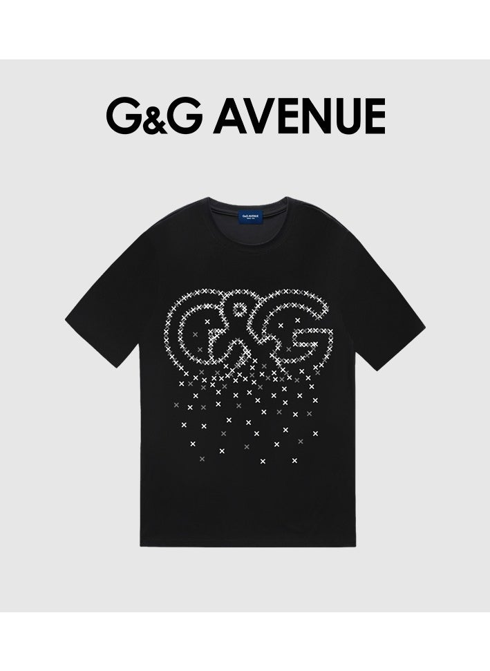 G&G AVENUE - Heavy cotton fabric Men's sports style pure cotton thick and Oversized round neck T-shirt with black trendy letter pattern casual style sportswear - Image 1