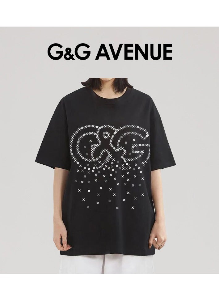 G&G AVENUE - Heavy cotton fabric Men's sports style pure cotton thick and Oversized round neck T-shirt with black trendy letter pattern casual style sportswear - Image 1