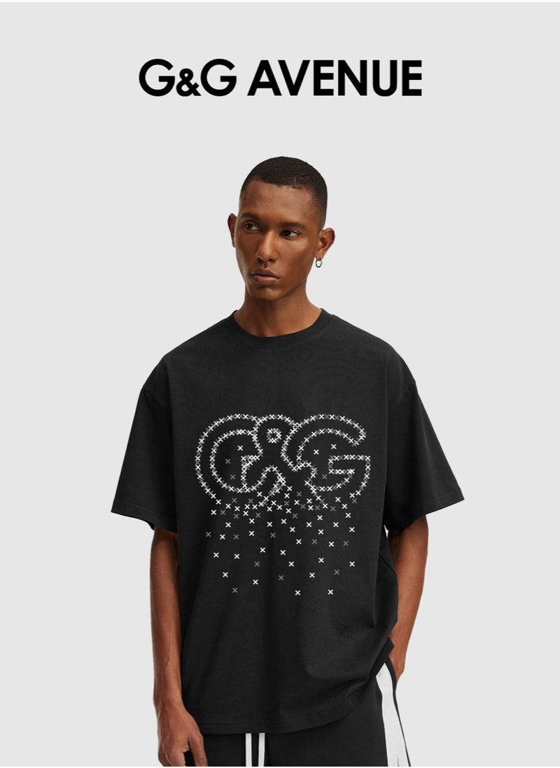 G&G AVENUE - Heavy cotton fabric Men's sports style pure cotton thick and Oversized round neck T-shirt with black trendy letter pattern casual style sportswear - Image 1
