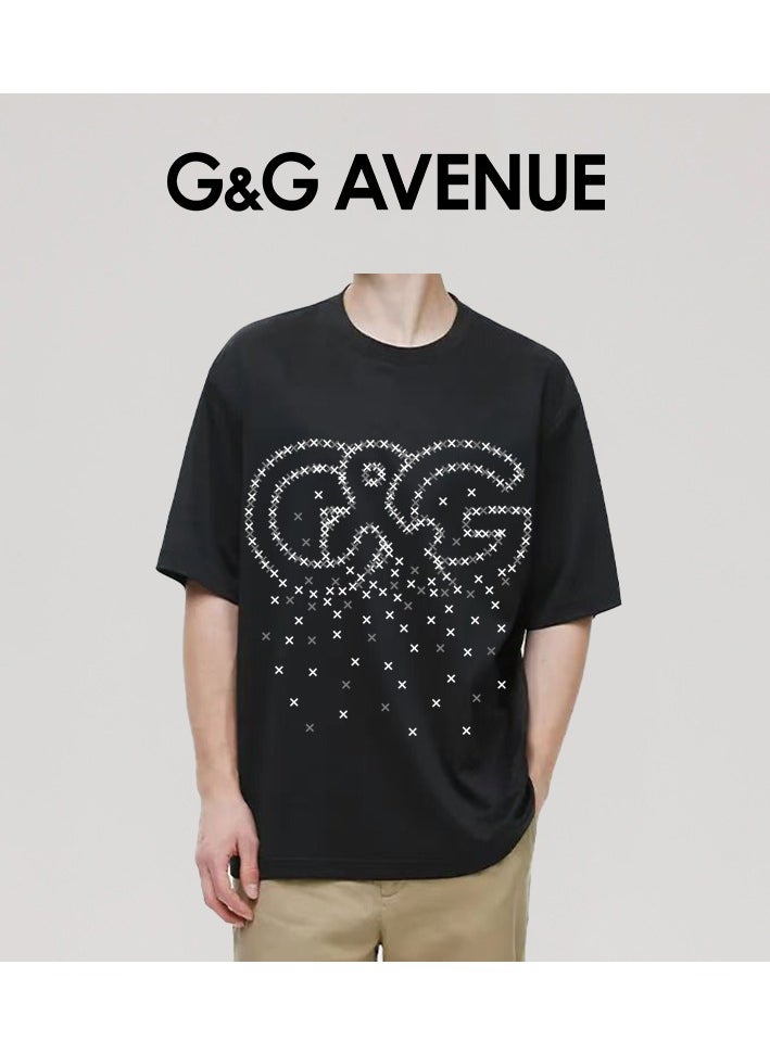G&G AVENUE - Heavy cotton fabric Men's sports style pure cotton thick and Oversized round neck T-shirt with black trendy letter pattern casual style sportswear - Image 1