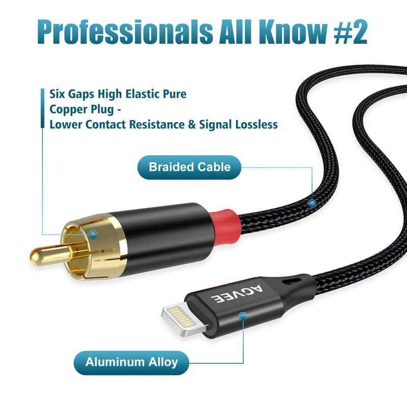 AGVEE 6.6ft MFi Certified Lightning to RCA Cable Audio Y Cord Adapter Converter for iPhone 14 13 12 11 XS XR X 8 7 iPad iPod to Car, Home Stereo Speaker Headphone, Amplifiers, HDTV, Black - Image 4