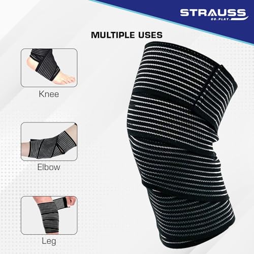 STRAUSS Elastic Knee Compression Bandage Wraps | Support for Ankle, Knee, Elbow Pain Relief, Sports & Workout | Can Be Used For Squats and Powerlifting | 1 Pair ,(Black) - Image 4