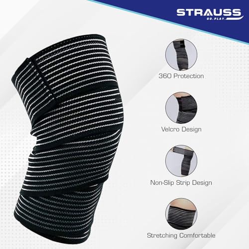 STRAUSS Elastic Knee Compression Bandage Wraps | Support for Ankle, Knee, Elbow Pain Relief, Sports & Workout | Can Be Used For Squats and Powerlifting | 1 Pair ,(Black) - Image 3