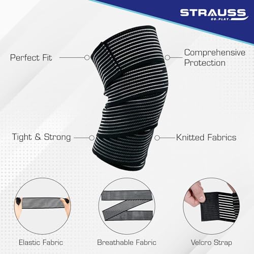 STRAUSS Elastic Knee Compression Bandage Wraps | Support for Ankle, Knee, Elbow Pain Relief, Sports & Workout | Can Be Used For Squats and Powerlifting | 1 Pair ,(Black) - Image 2