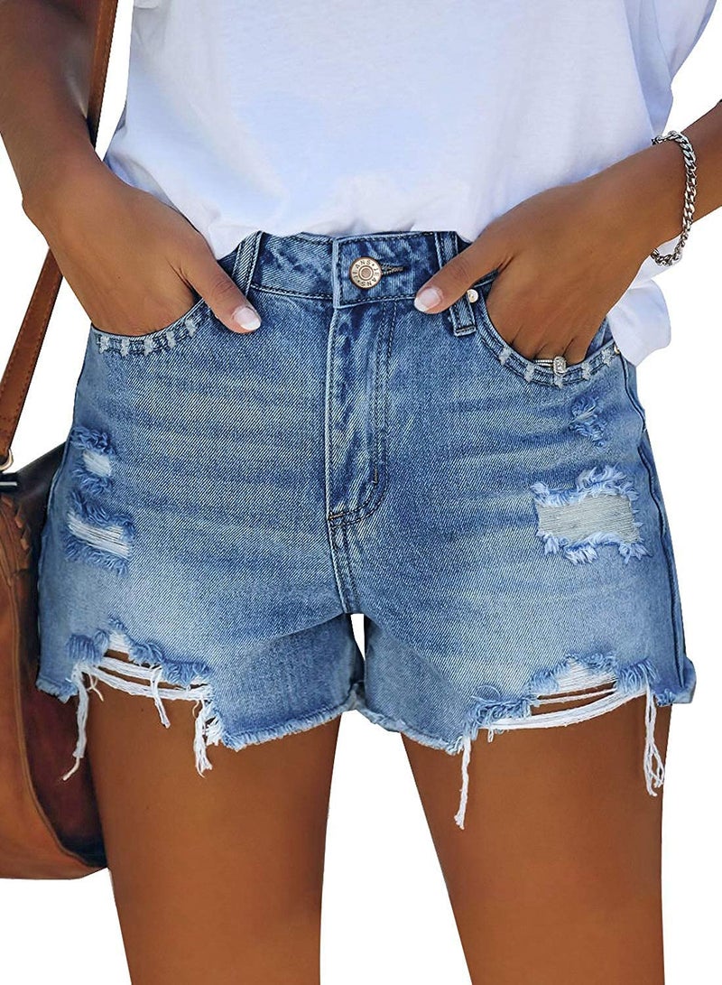ZOLUCKY Womens High Waisted Denim Jean Shorts Cut Off Ripped Stretchy Summer Hot Short Pants Light Blue L - Image 1