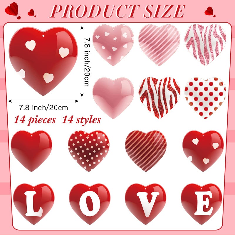 TaoBary 14 Pcs 8 X 8 Inch Valentine'S Day Hearts Hanging Ornaments Red Pink Valentine Heart Decoration Double Sided Valentines Hanging Ornaments For Tree Wedding Party Porch Lawn Yard - Image 2