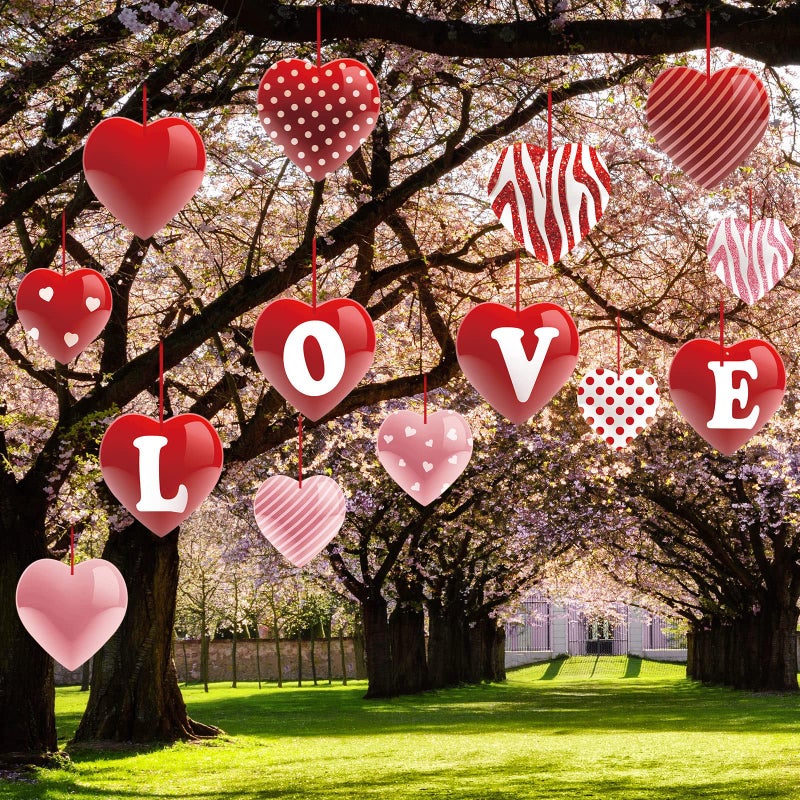 TaoBary 14 Pcs 8 X 8 Inch Valentine'S Day Hearts Hanging Ornaments Red Pink Valentine Heart Decoration Double Sided Valentines Hanging Ornaments For Tree Wedding Party Porch Lawn Yard - Image 1