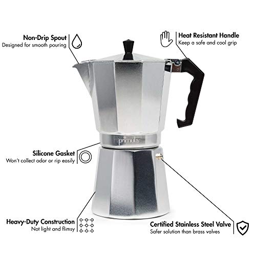 Primula Classic Stovetop Espresso and Coffee Maker, Moka Pot for Italian and Cuban Café Brewing, Greca Coffee Maker, Cafeteras, 9 Espresso Cups, Silver - Image 2