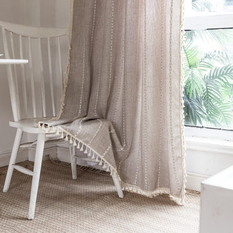 Deeprove Boho Curtains 96 Inches Long for Nursery Bedroom Christmas Decor  Vintage Bohemian Embroidery Weighted Cotton Linen French Country Window Treatments with Tassel Natural W52 x L96  1 Panel - Image 1