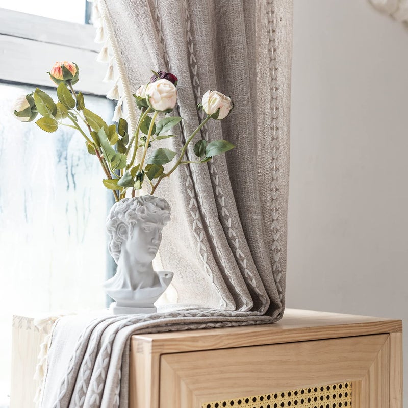 Deeprove Boho Curtains 96 Inches Long for Nursery Bedroom Christmas Decor  Vintage Bohemian Embroidery Weighted Cotton Linen French Country Window Treatments with Tassel Natural W52 x L96  1 Panel - Image 5