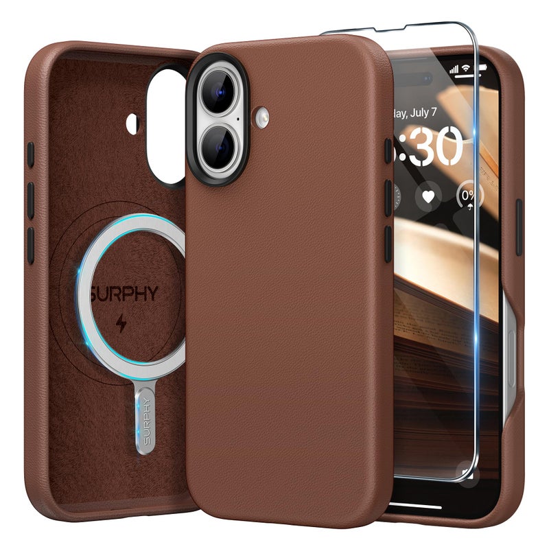 SURPHY Designed for iPhone 16 Leather Case with Screen Protector Compatible with MagSafe Faux Leather Phone Case Metallic Buttons Microfiber Lining for 16 61 inch 2024 Brown - Image 2