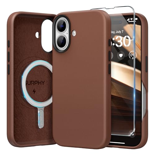SURPHY Designed for iPhone 16 Leather Case with Screen Protector Compatible with MagSafe Faux Leather Phone Case Metallic Buttons Microfiber Lining for 16 61 inch 2024 Brown - Image 1