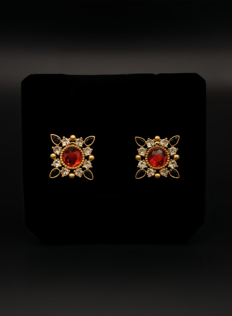 قرطات أذن مطلية بالذهب بتصميم نجمي قديم — حجر زخرفي أحمر مركزي مع حواف زركون أبيض وسوداء (للألبسة اليومية أو المناسبات) - Image 3