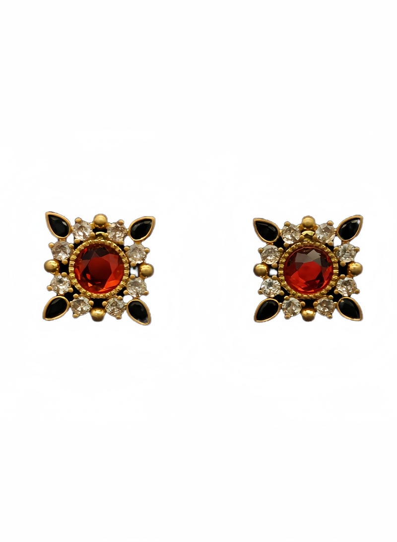 قرطات أذن مطلية بالذهب بتصميم نجمي قديم — حجر زخرفي أحمر مركزي مع حواف زركون أبيض وسوداء (للألبسة اليومية أو المناسبات) - Image 1