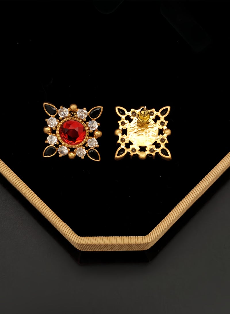 قرطات أذن مطلية بالذهب بتصميم نجمي قديم — حجر زخرفي أحمر مركزي مع حواف زركون أبيض وسوداء (للألبسة اليومية أو المناسبات) - Image 4