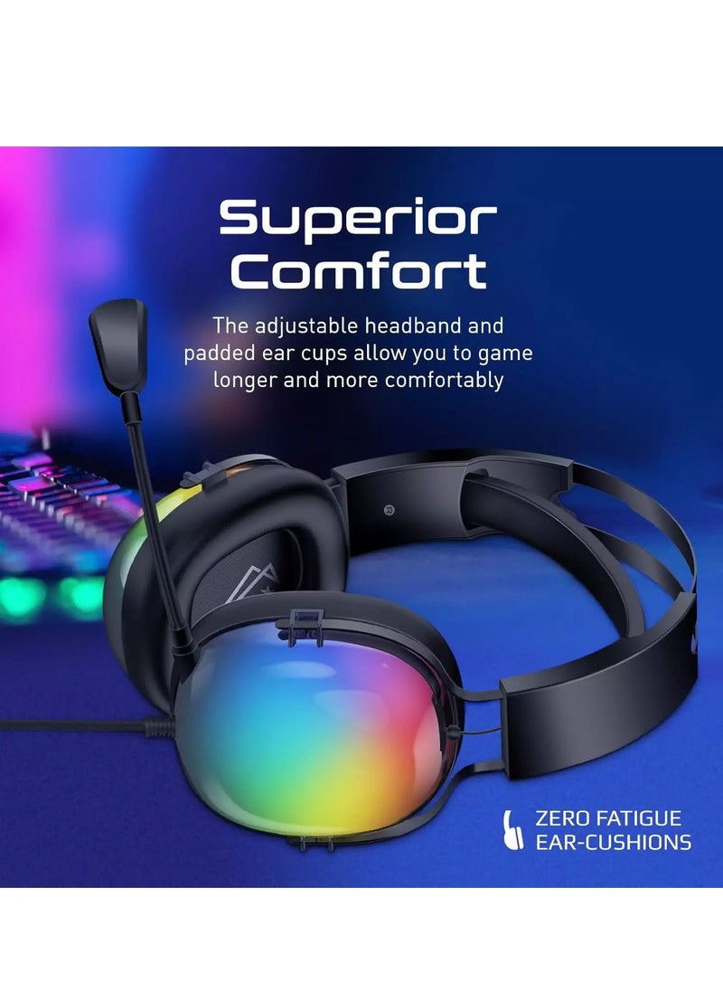 سماعة الألعاب DHE-8005T RGB USB - صوت محيطي 7.1 - محركات مقاس 40 مم - غطاء بإضاءة خلفية RGB - ميكروفون عالي الدقة