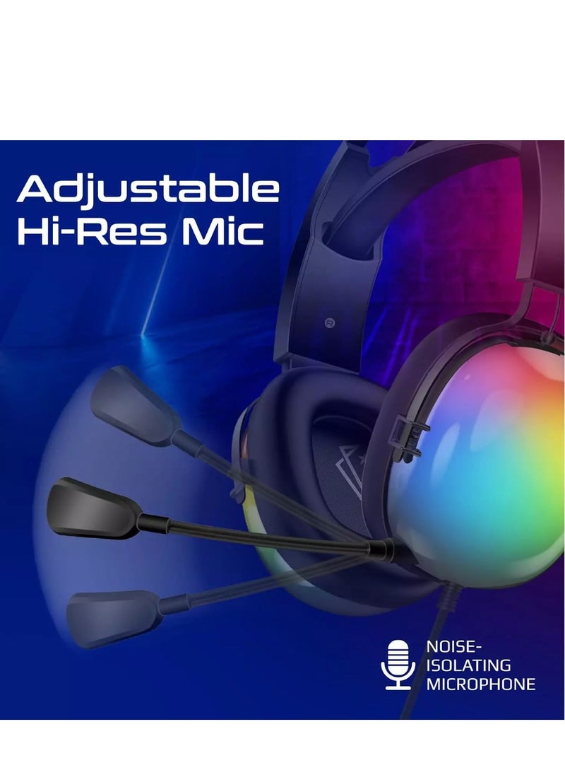 سماعة الألعاب DHE-8005T RGB USB - صوت محيطي 7.1 - محركات مقاس 40 مم - غطاء بإضاءة خلفية RGB - ميكروفون عالي الدقة