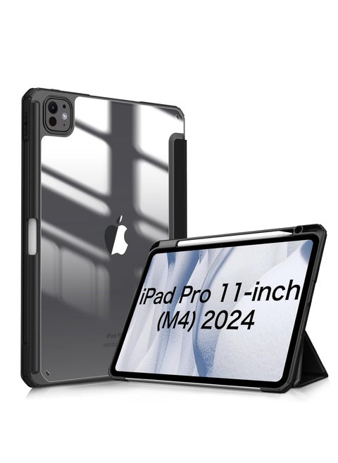 Smart Case for iPad Pro 11 Inch 2024 M4 with Pencil Holder, Clear Back Slim Tri-fold Folio Stand Shell Tablet Cover for iPad Pro 11" 2024 5th Generation -Black
