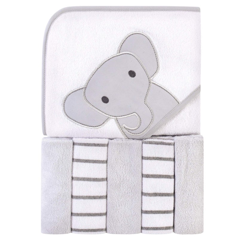 Hudson Baby Unisex Baby Hooded Towel and Five Washcloths, Modern Elephant, One Size - Image 1