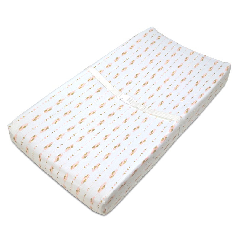 TL Care Printed 100% Cotton Knit Fitted Contoured Changing Table Pad Cover - Compatible with Mika Micky Bassinet, Sparkle Gold/Pink Feathers, for Girls - Image 1