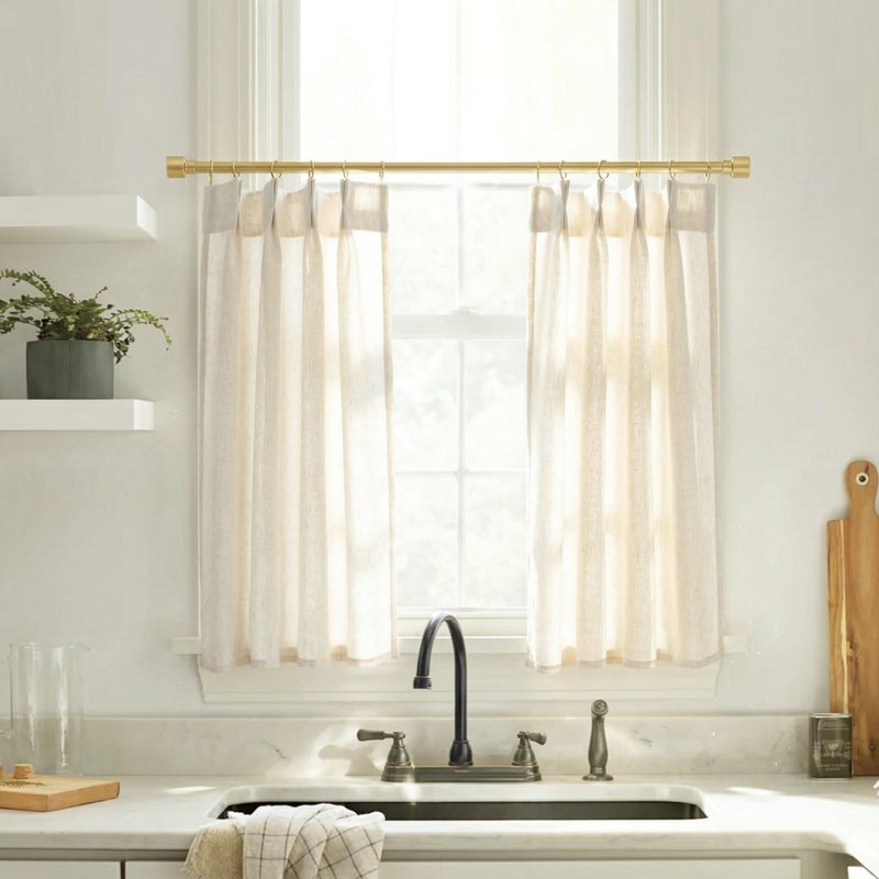 Lino Rosa Pinch Pleat Cafe Curtains 24 Inch Length for Kitchen Window Over Sink, Cream Linen Light Filtering Sheer Farmhouse Style Mini Tier Half Curtains for Windows, 24" W x 24" L - Image 1