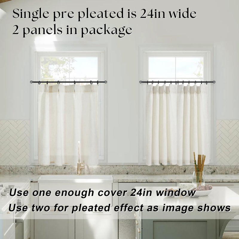 Lino Rosa Pinch Pleat Cafe Curtains 24 Inch Length for Kitchen Window Over Sink, Cream Linen Light Filtering Sheer Farmhouse Style Mini Tier Half Curtains for Windows, 24" W x 24" L - Image 2