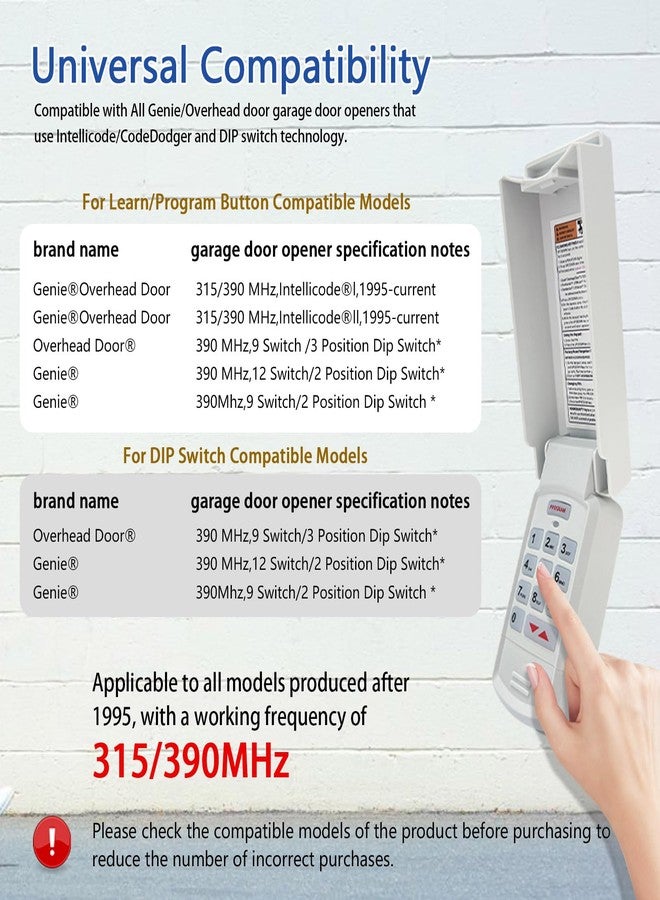XDTKML for Genie Garage Door Opener Keypad Compatible with All Genie Intellicode Overhead Door Codedodger and Dip Switch Opener for 1995-Current Models 315/390MHZ Wireless Keyless Keypad Replacement - Image 2